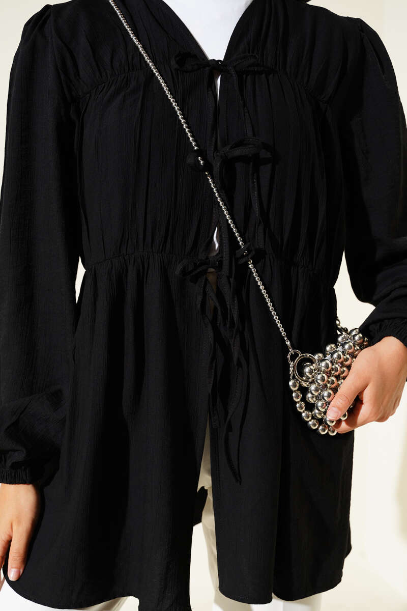 Kimono with Ruched Front and Elastic Cuffs - Black