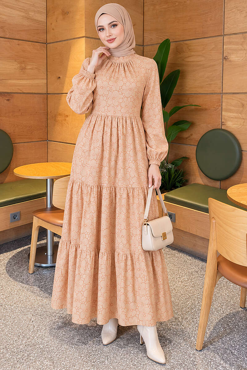 Floral Dress with Gathered Front - Latte