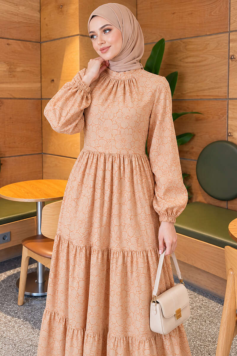 Floral Dress with Gathered Front - Latte
