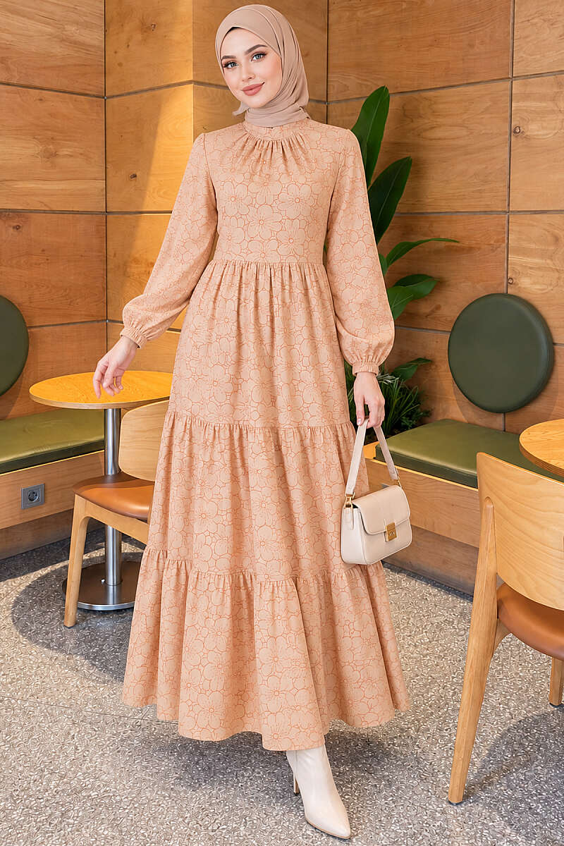 Floral Dress with Gathered Front - Latte
