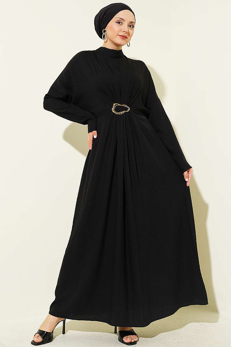 Gathered-Front Dress with Gold Buckle - Black