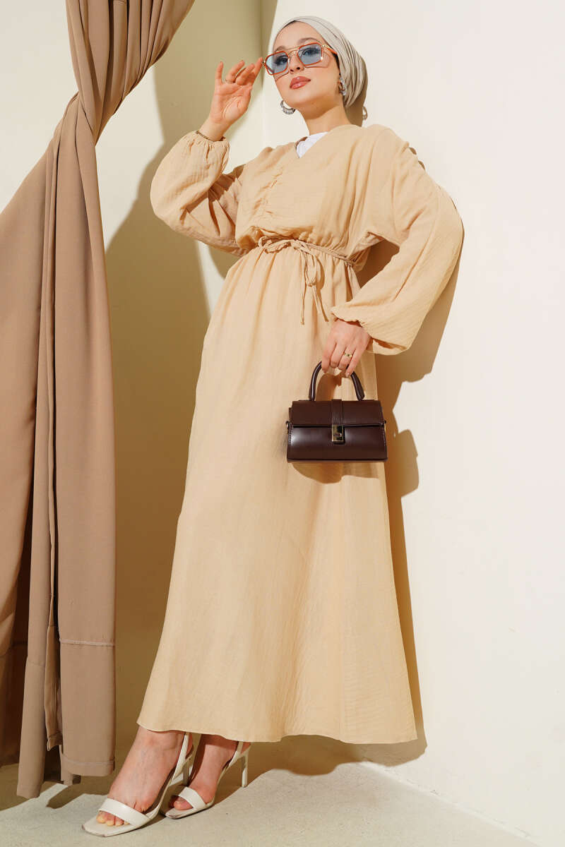 Ruched-Front Dress with Tie Cords - Beige