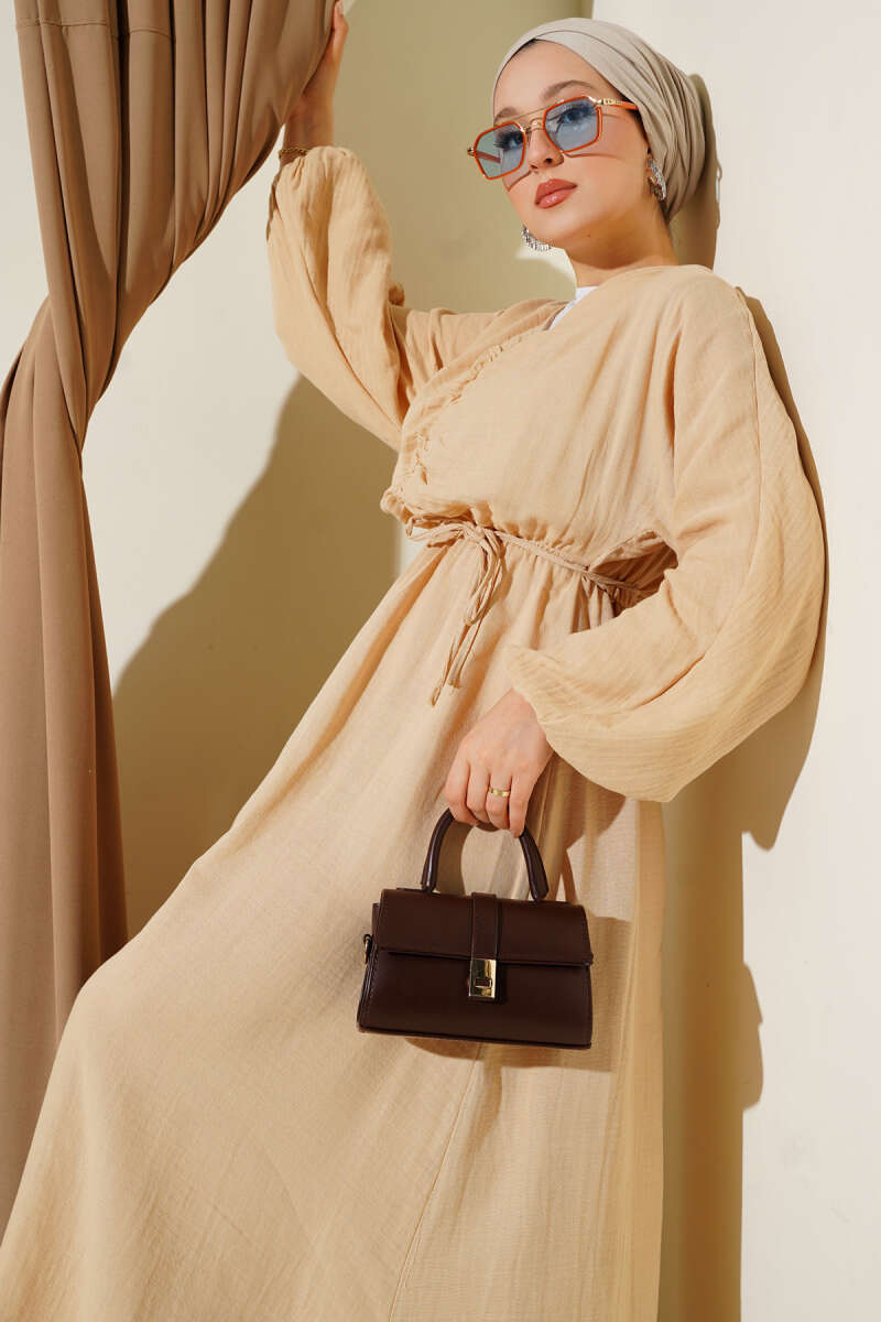 Ruched-Front Dress with Tie Cords - Beige