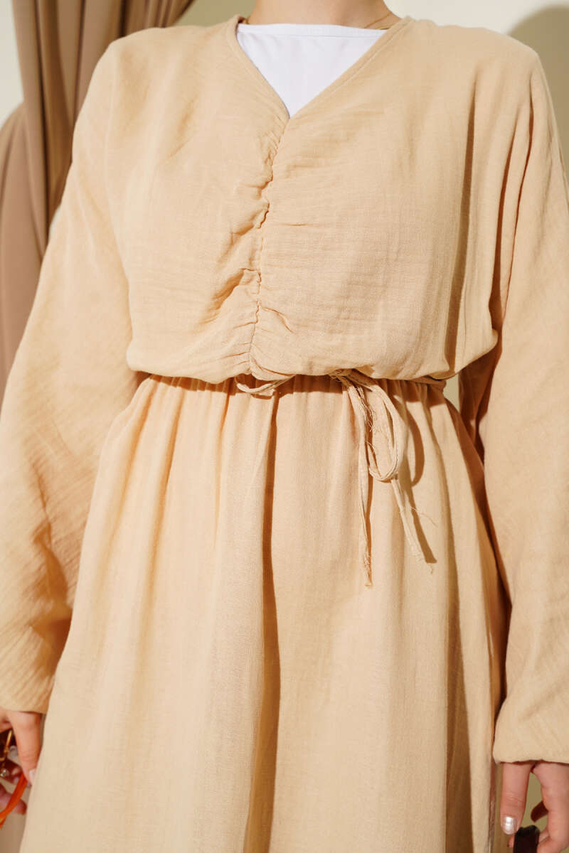 Ruched-Front Dress with Tie Cords - Beige