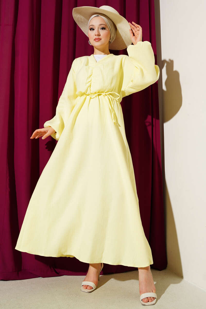 Ruched-Front Dress with Tie Cords - Lime