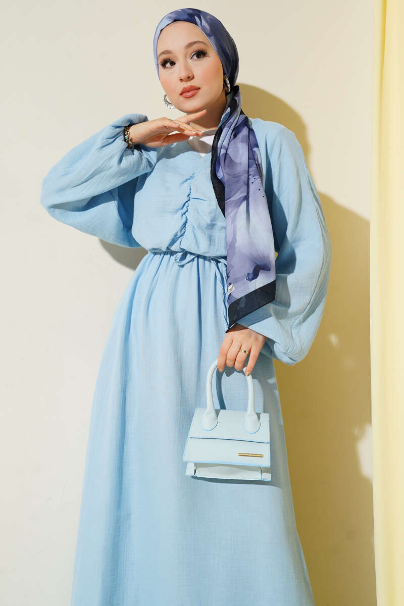 Ruched-Front Dress with Tie Cords - Blue