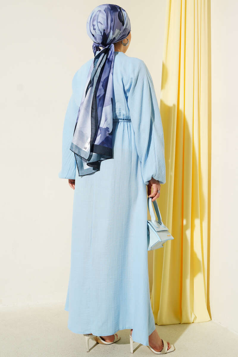 Ruched-Front Dress with Tie Cords - Blue