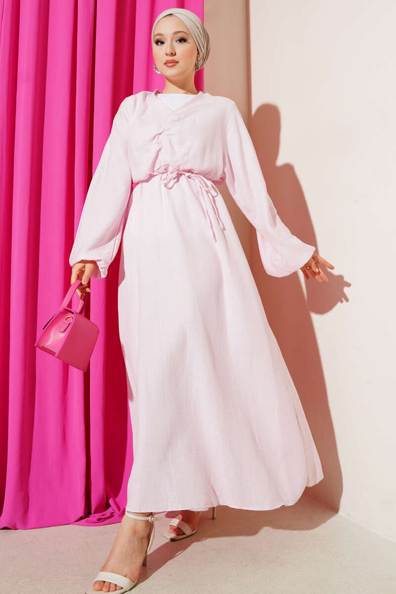 Ruched-Front Dress with Tie Cords - Pink