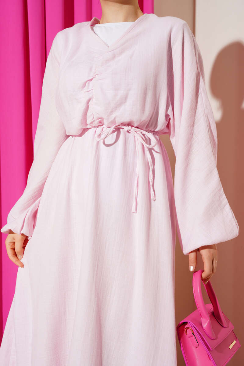 Ruched-Front Dress with Tie Cords - Pink