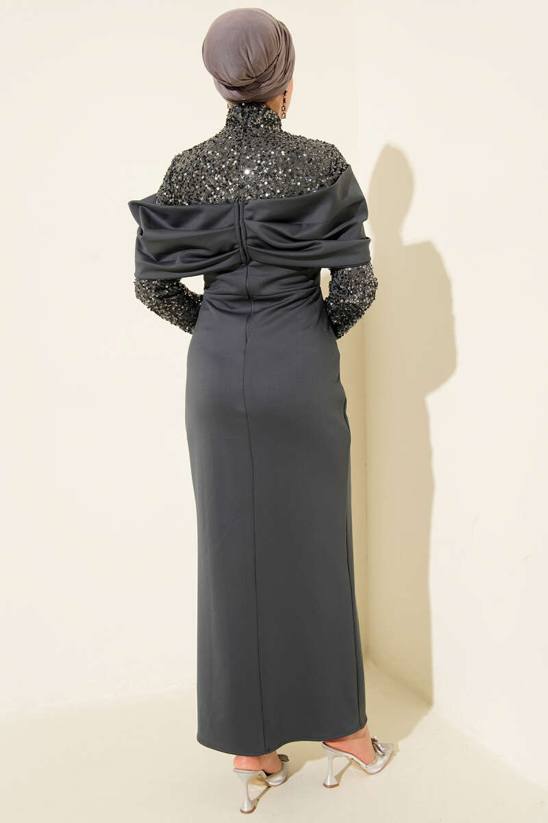 Ruched-Front Sequin Evening Dress - Charcoal