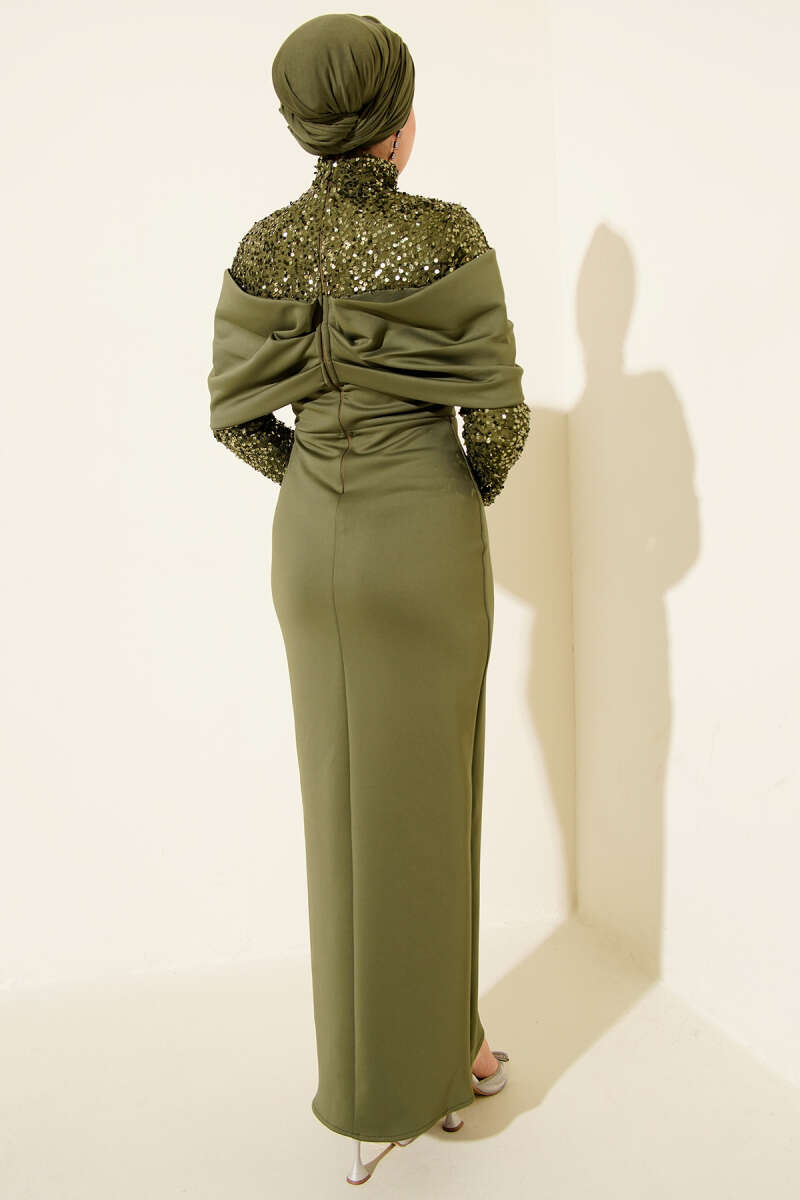 Ruched-Front Sequin Evening Dress - Khaki