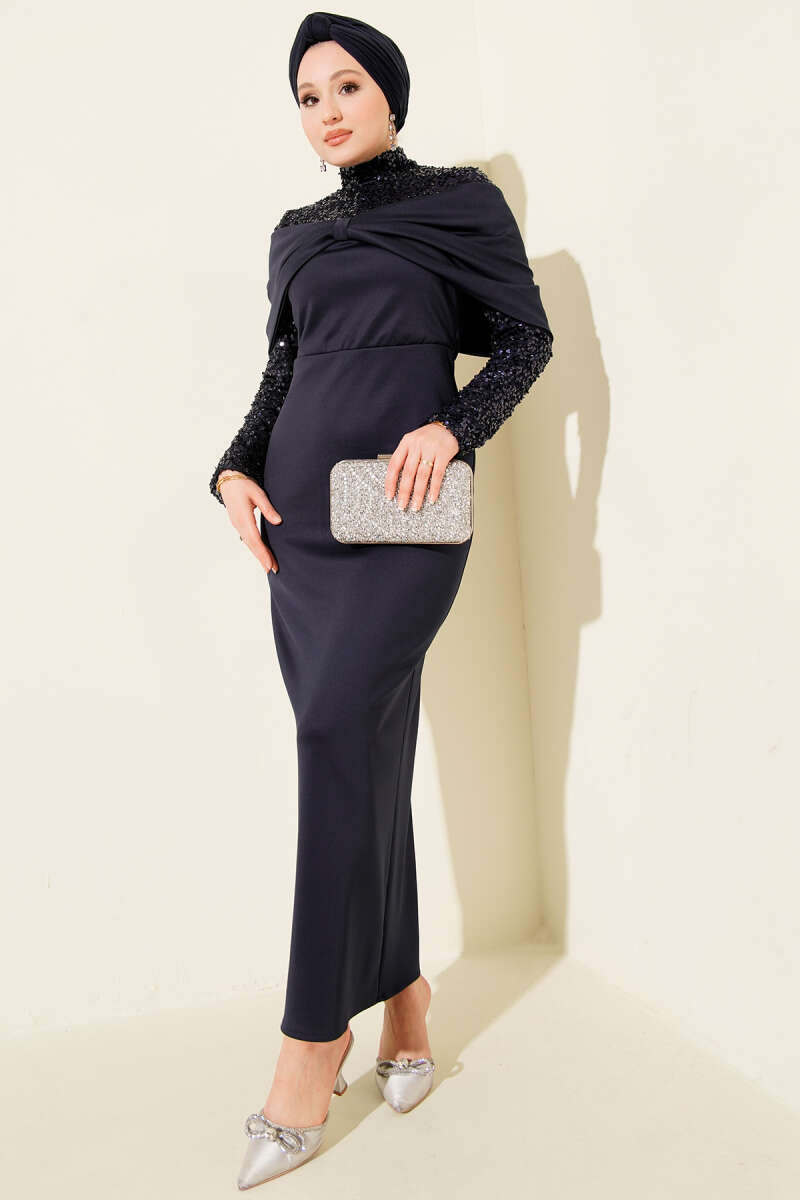 Ruched-Front Sequin Evening Dress - Navy