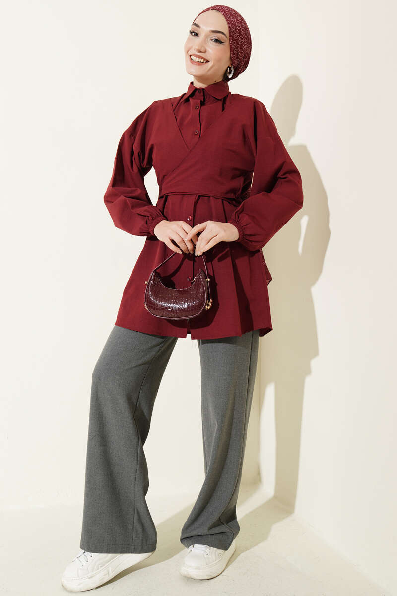 Cross-Tie Front Shirt - Burgundy