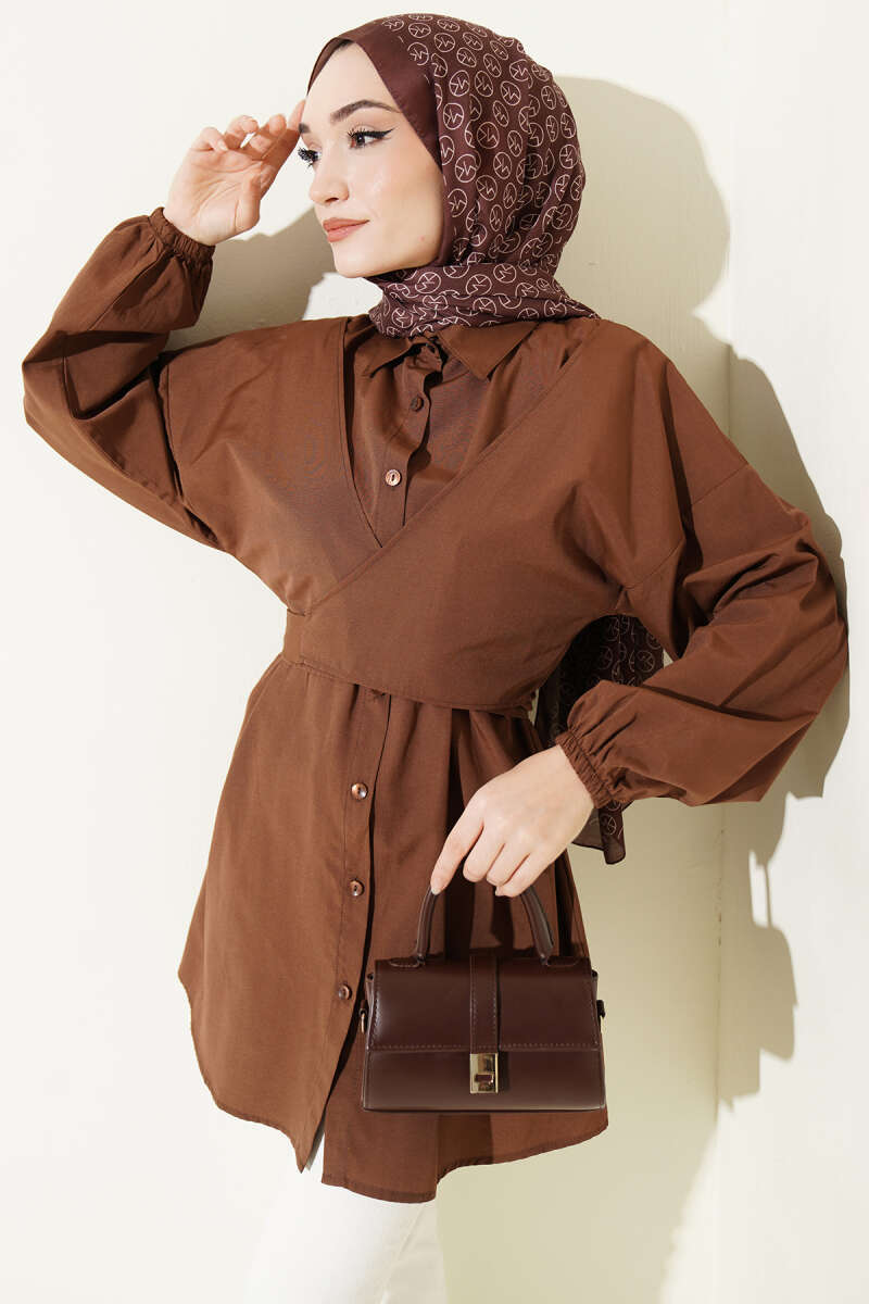 Cross-Tie Front Shirt - Brown