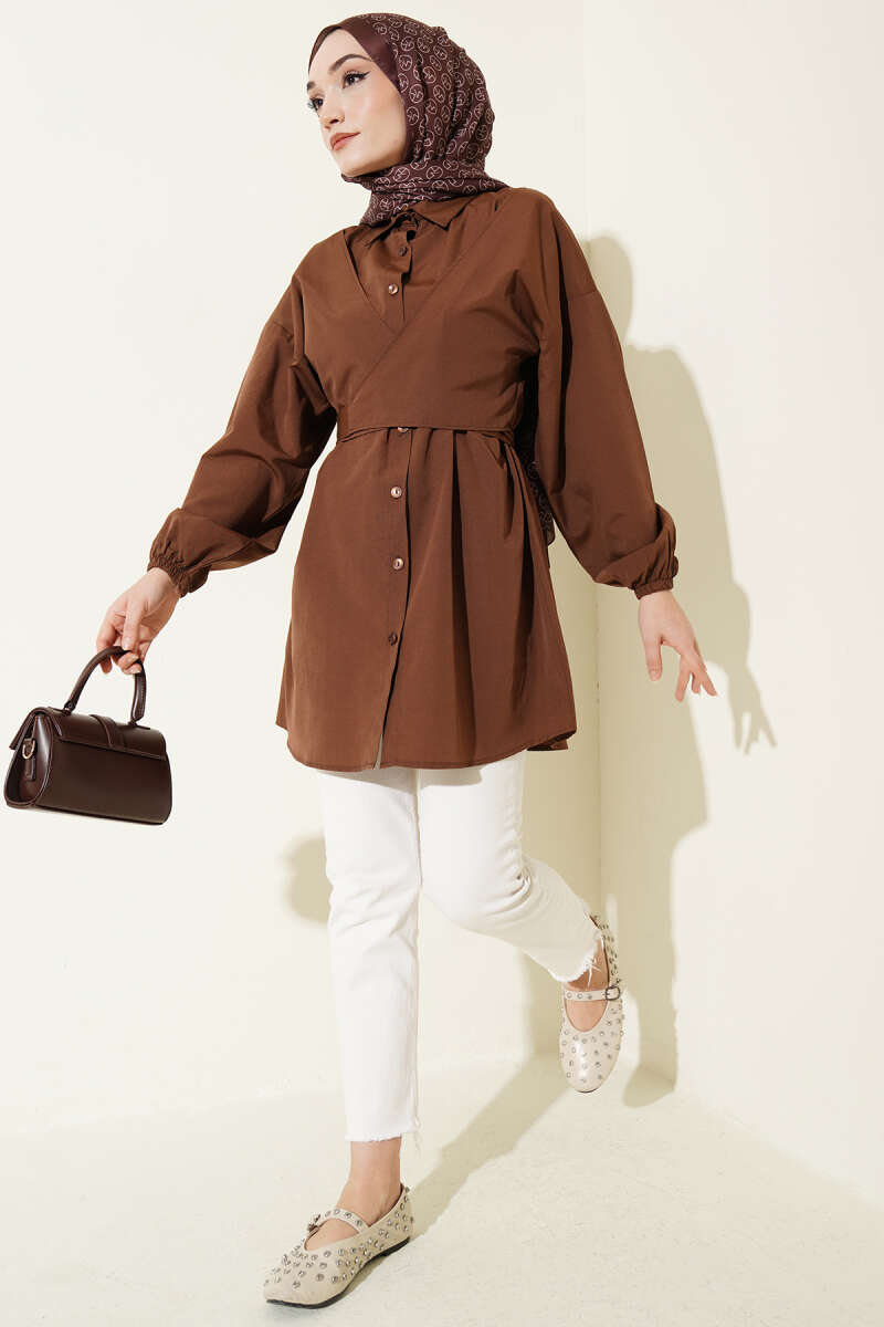 Cross-Tie Front Shirt - Brown