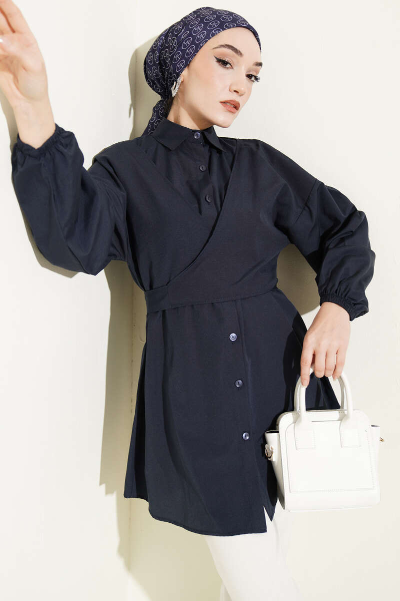 Cross-Tie Front Shirt - Navy