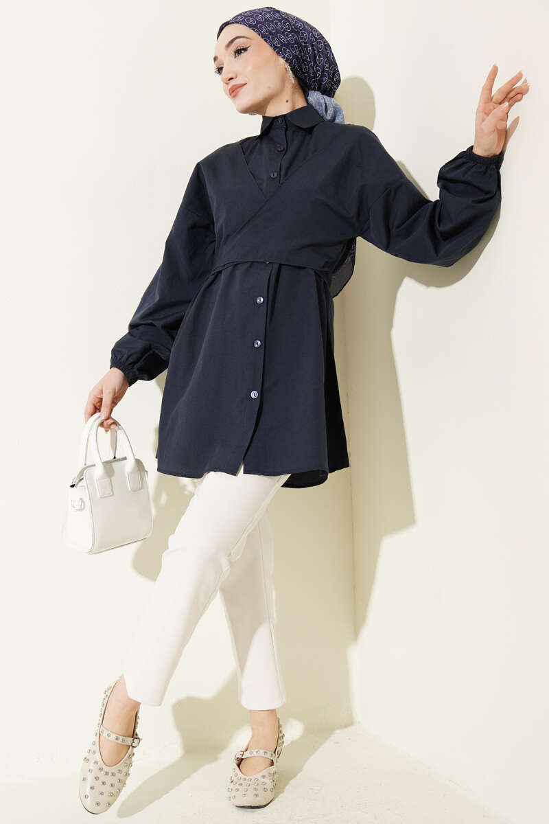 Cross-Tie Front Shirt - Navy
