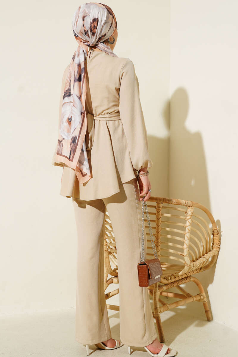 Belted Crossover Two-Piece Set - Beige