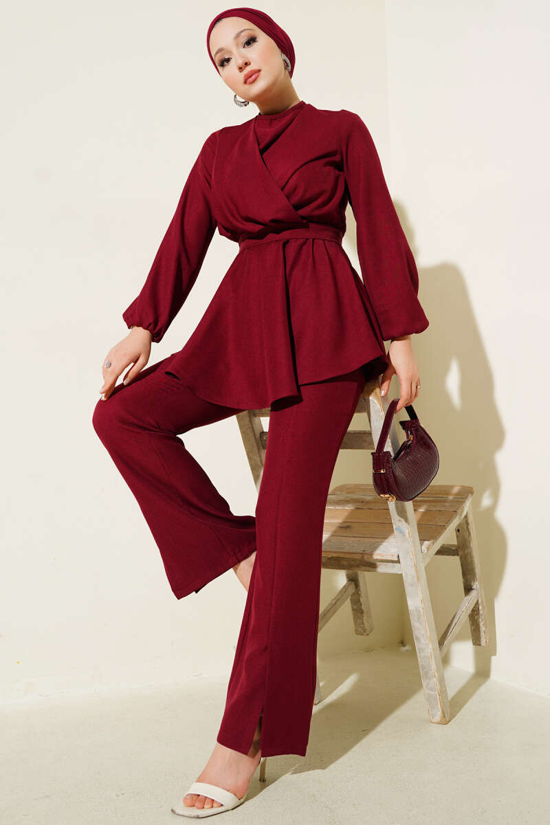 Belted Crossover Two-Piece Set - Burgundy