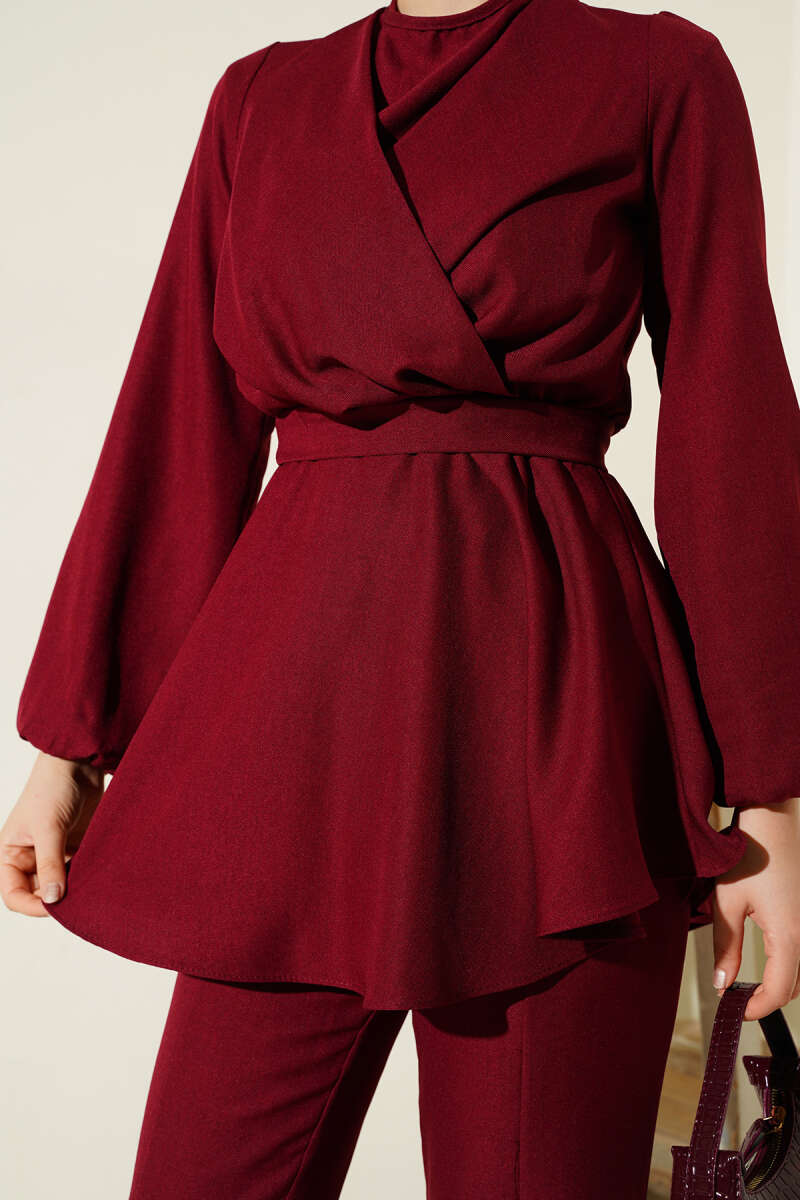 Belted Crossover Two-Piece Set - Burgundy