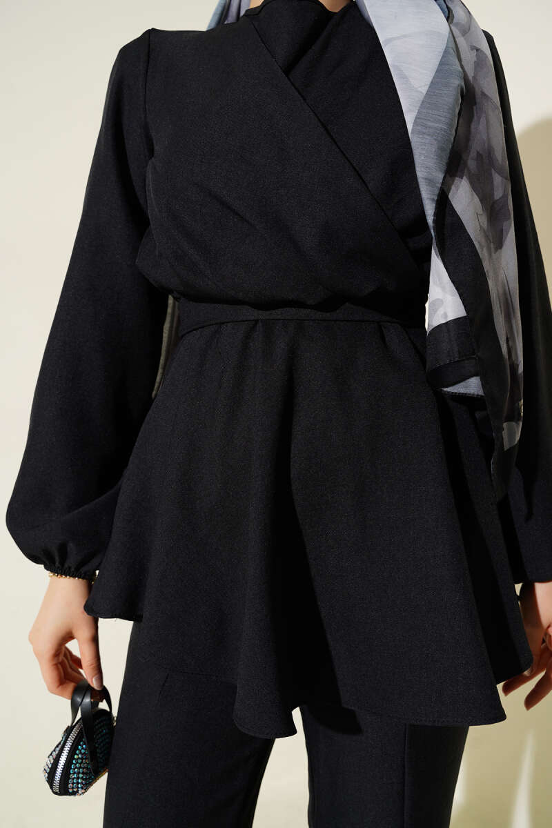 Belted Crossover Two-Piece Set - Black