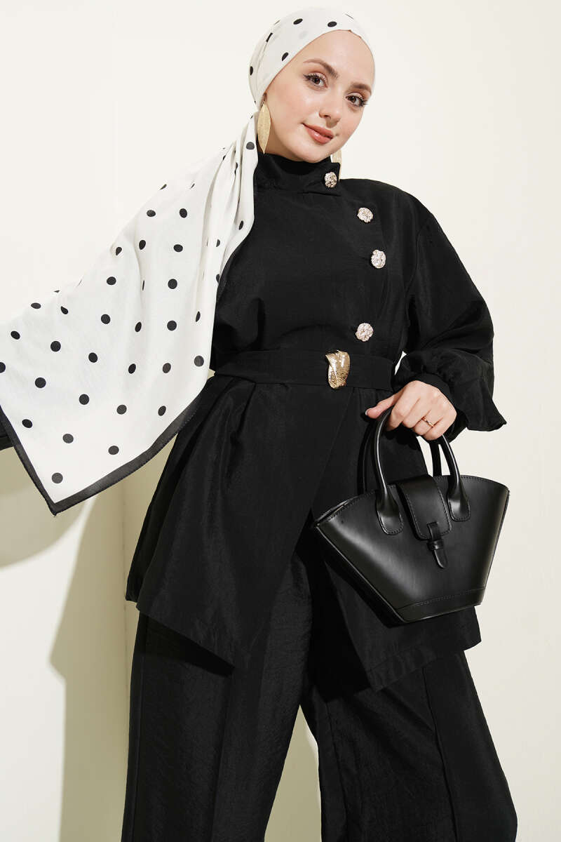 Two-Piece Set with Metallic Cross Buttons - Black