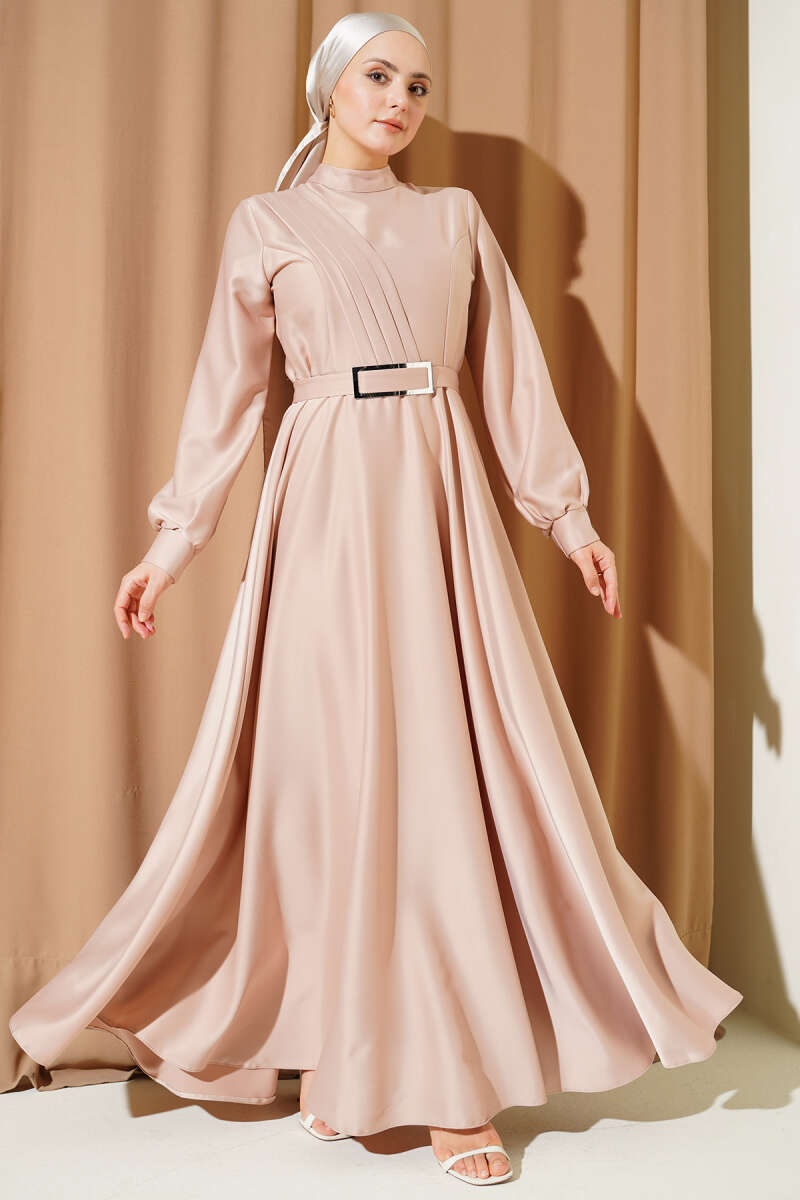 Satin Dress with Pleated Crossover Front - Beige