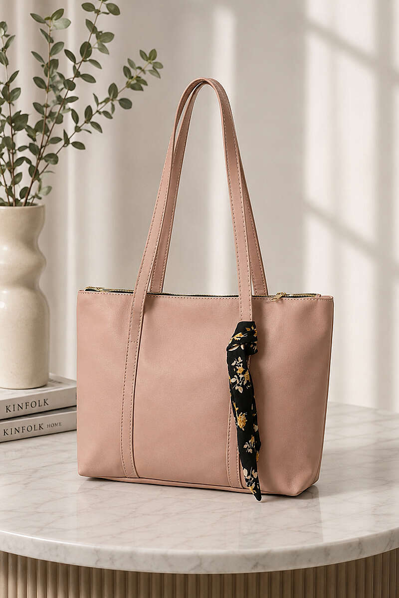 Shoulder Bag with Front Pocket and Scarf - Powder