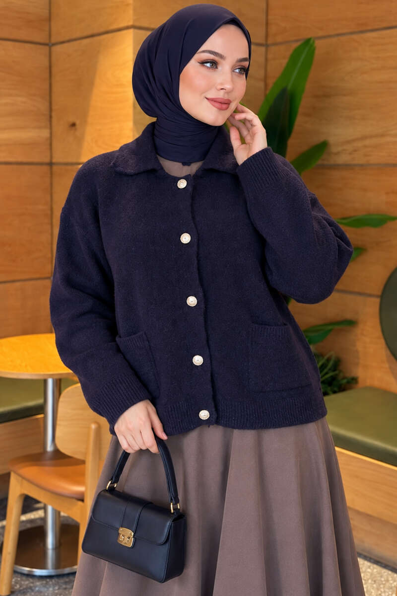 Knit Cardigan with Gold Buttons and Front Pockets - Navy