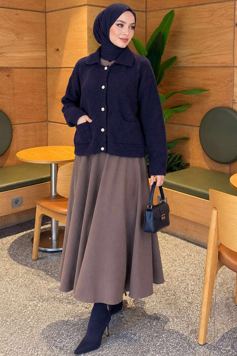 Knit Cardigan with Gold Buttons and Front Pockets - Navy