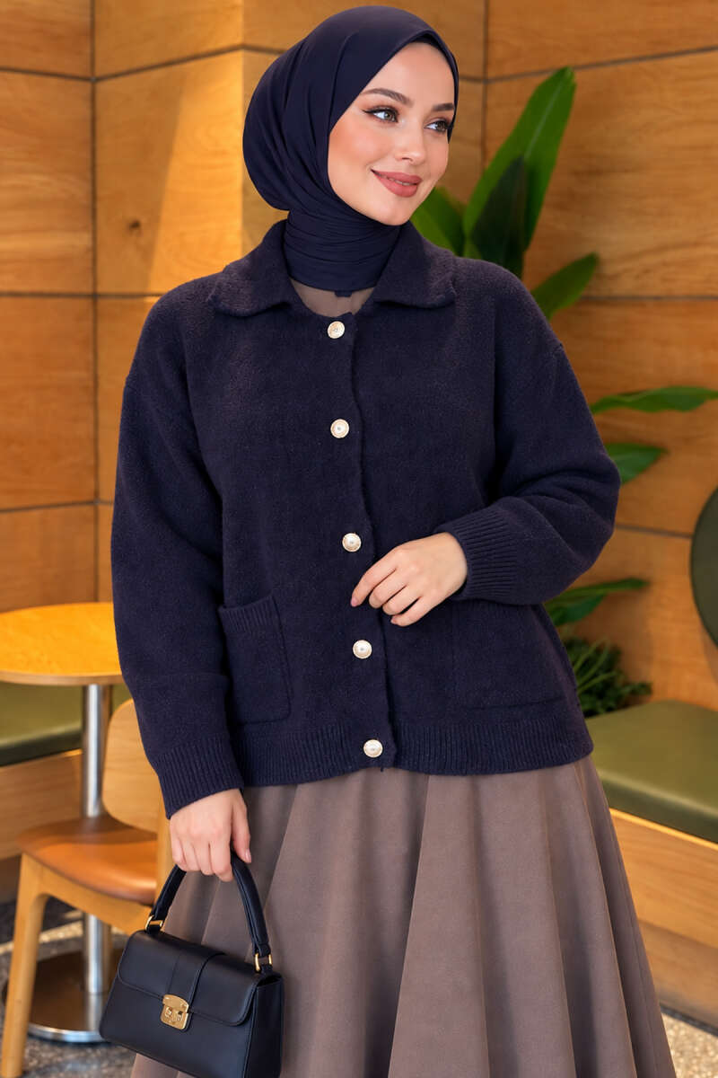 Knit Cardigan with Gold Buttons and Front Pockets - Navy