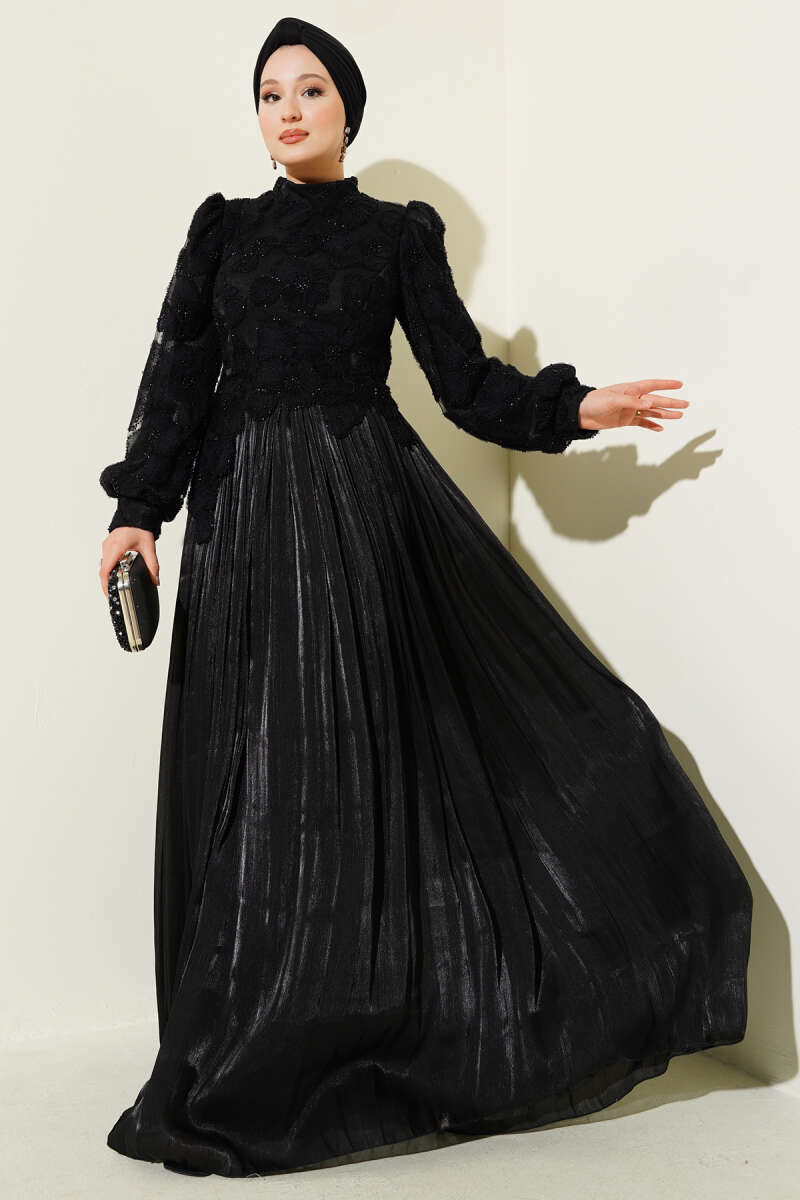 Floral Stone-Front Evening Dress - Black