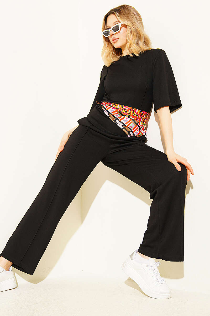 Short-Sleeve Loycha Two-Piece Set with Front Stitching - Black