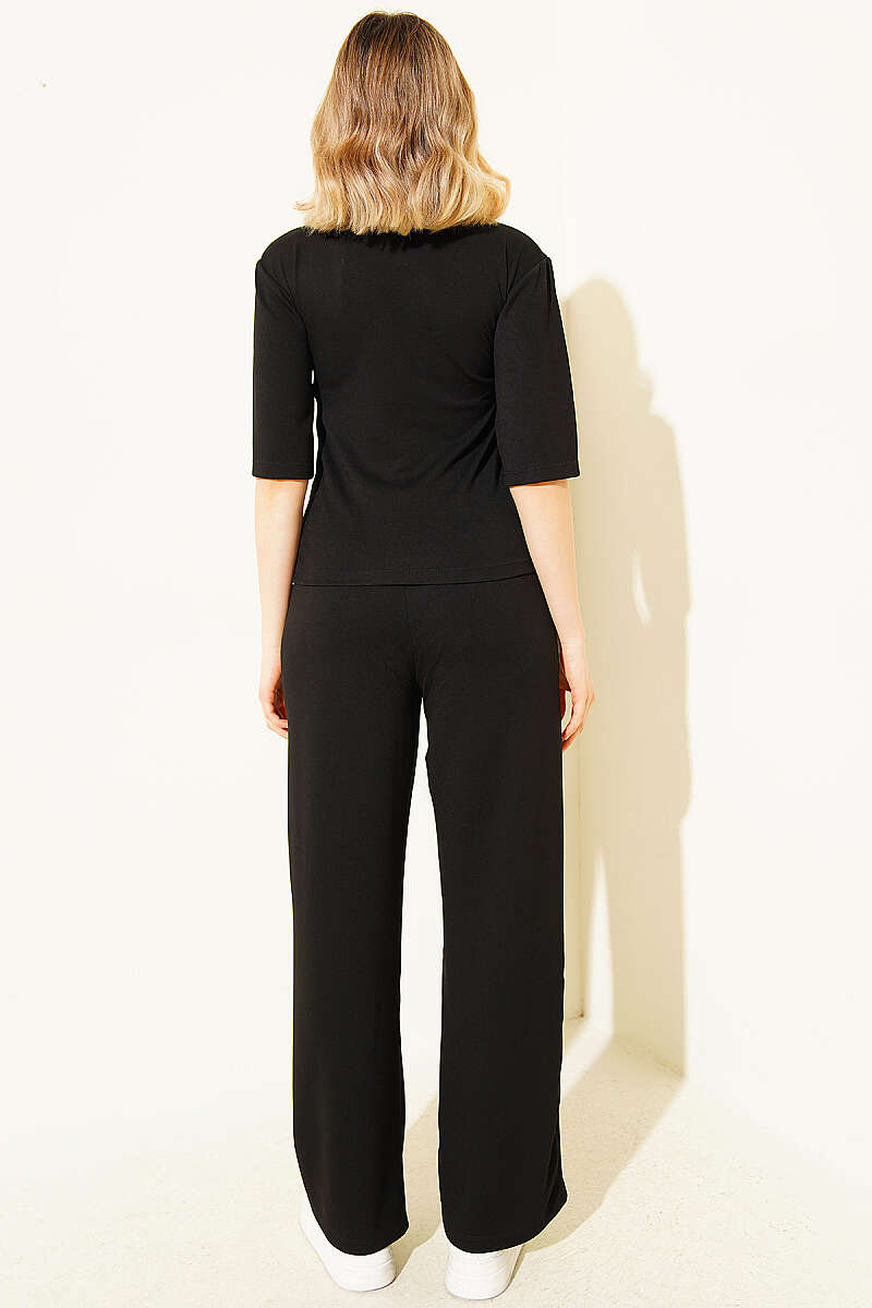 Short-Sleeve Loycha Two-Piece Set with Front Stitching - Black