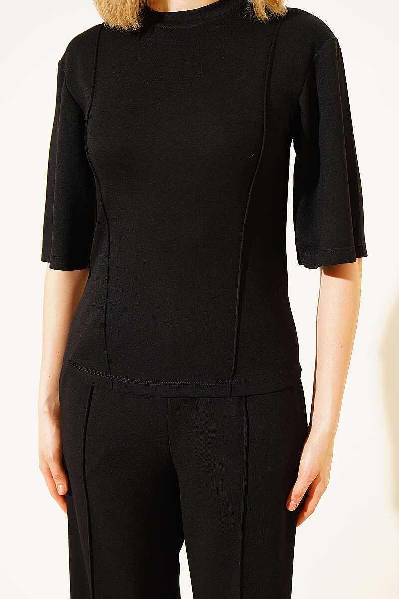 Short-Sleeve Loycha Two-Piece Set with Front Stitching - Black