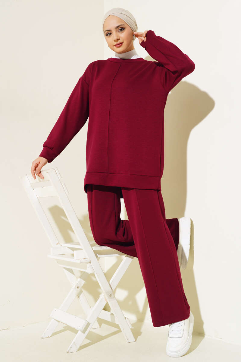 Tunic Two-Piece Set with Front Stitching - Burgundy