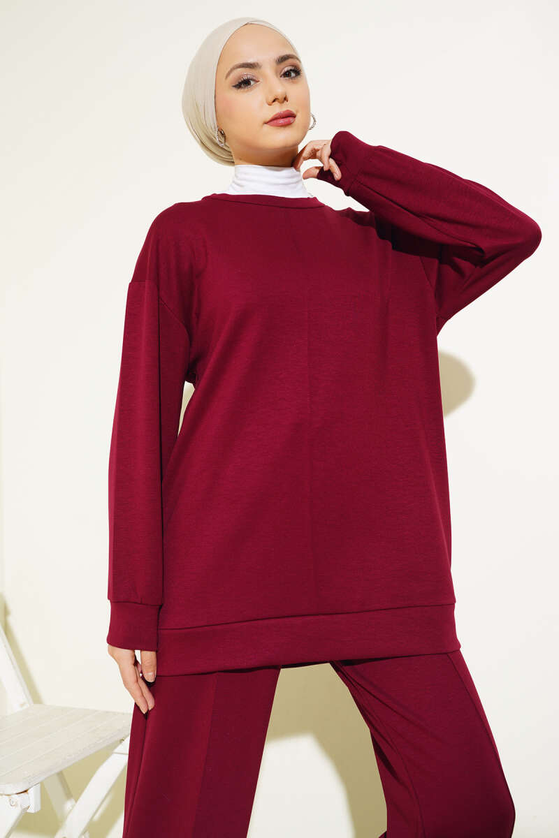 Tunic Two-Piece Set with Front Stitching - Burgundy