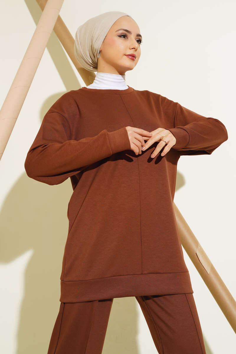 Tunic Two-Piece Set with Front Stitching - Brown