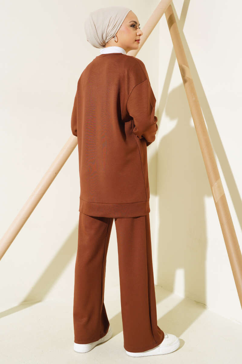 Tunic Two-Piece Set with Front Stitching - Brown