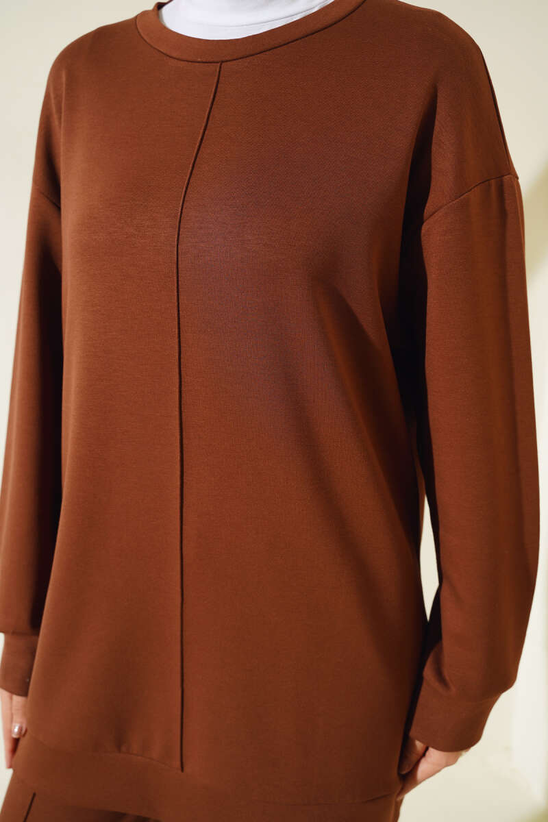 Tunic Two-Piece Set with Front Stitching - Brown