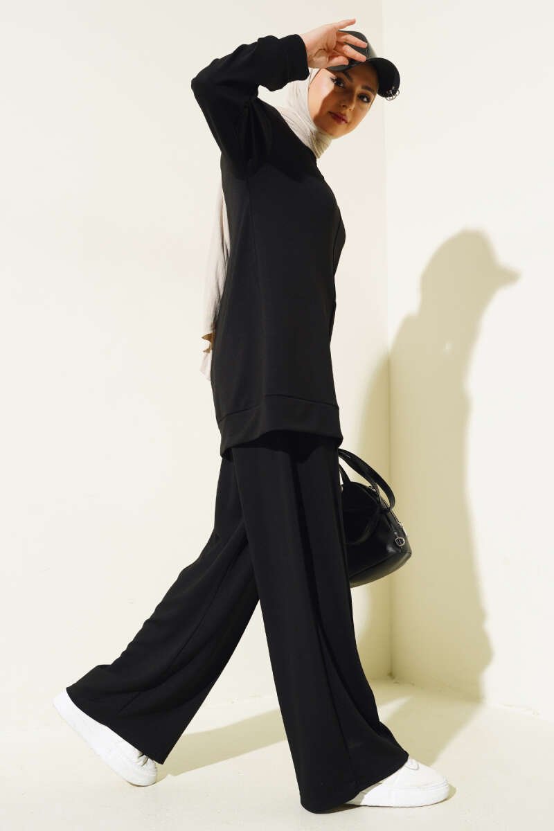 Tunic Two-Piece Set with Front Stitching - Black