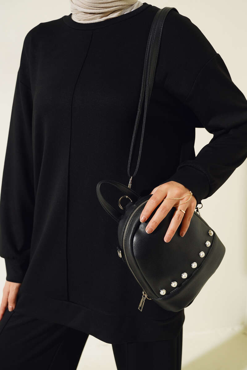 Tunic Two-Piece Set with Front Stitching - Black