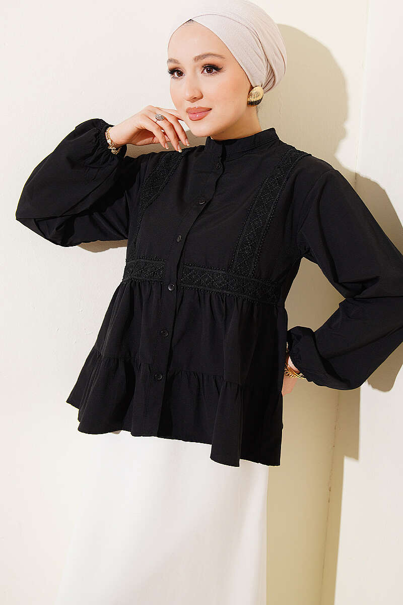 Short Shirt with Lace Trim Front - Black