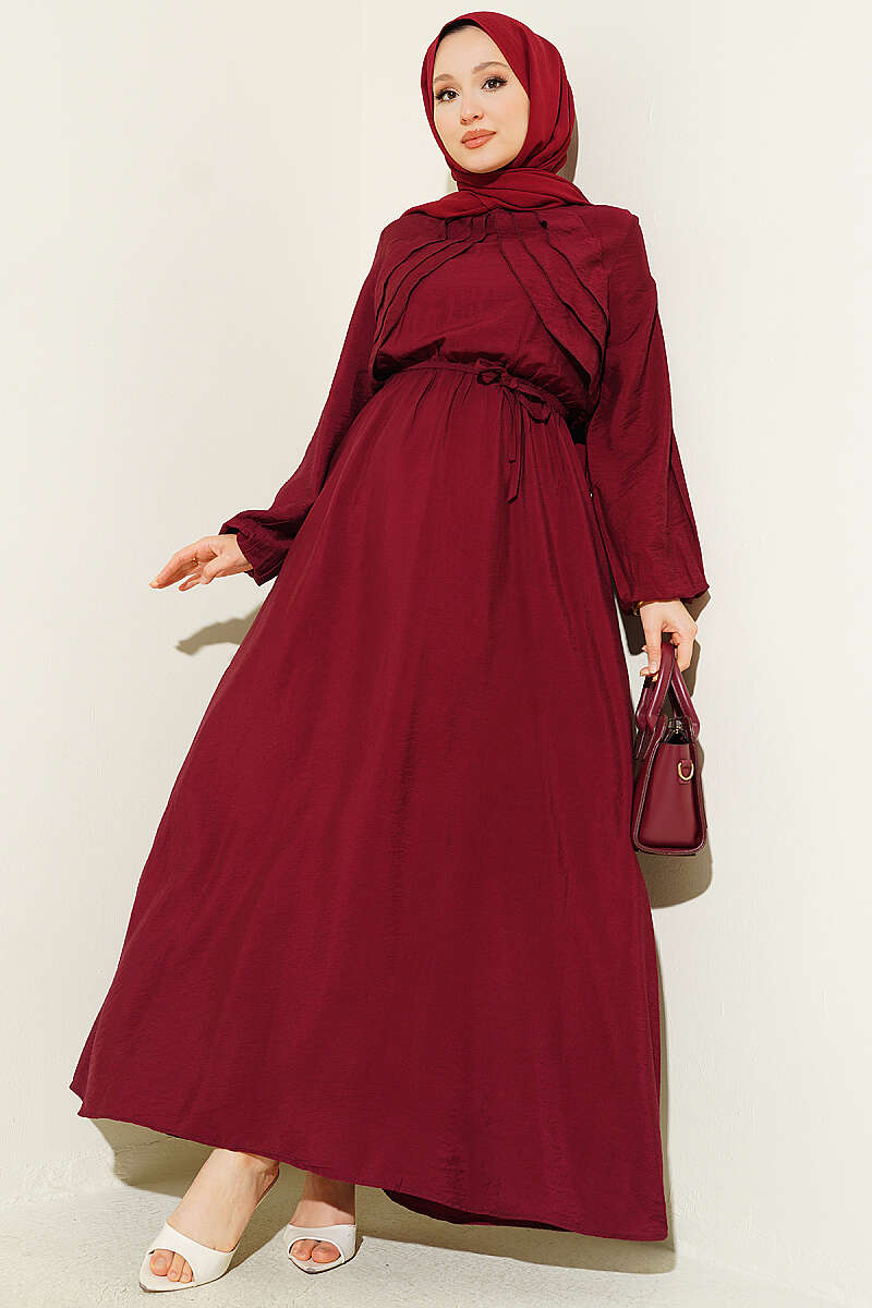 Dress with Vertical Front Ruffle and Elastic Waist - Burgundy