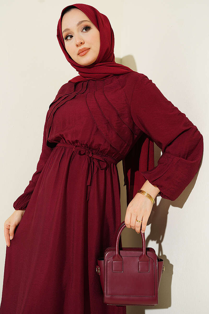 Dress with Vertical Front Ruffle and Elastic Waist - Burgundy