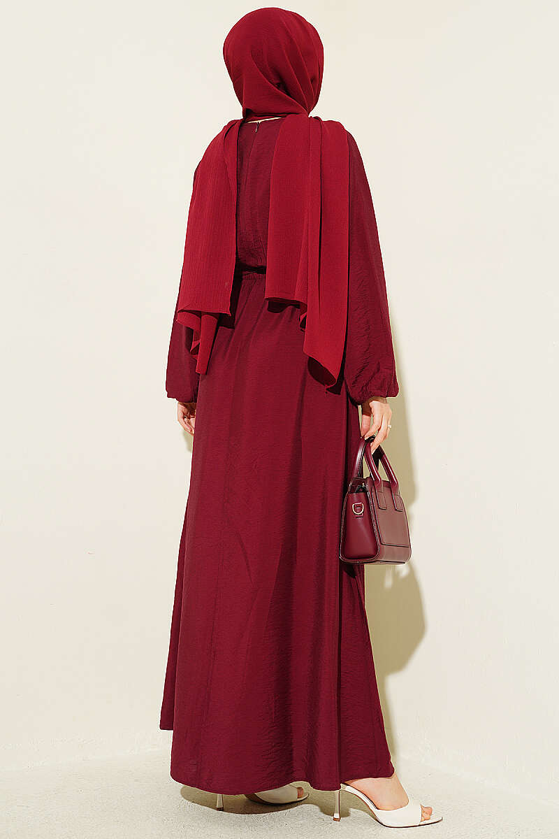 Dress with Vertical Front Ruffle and Elastic Waist - Burgundy