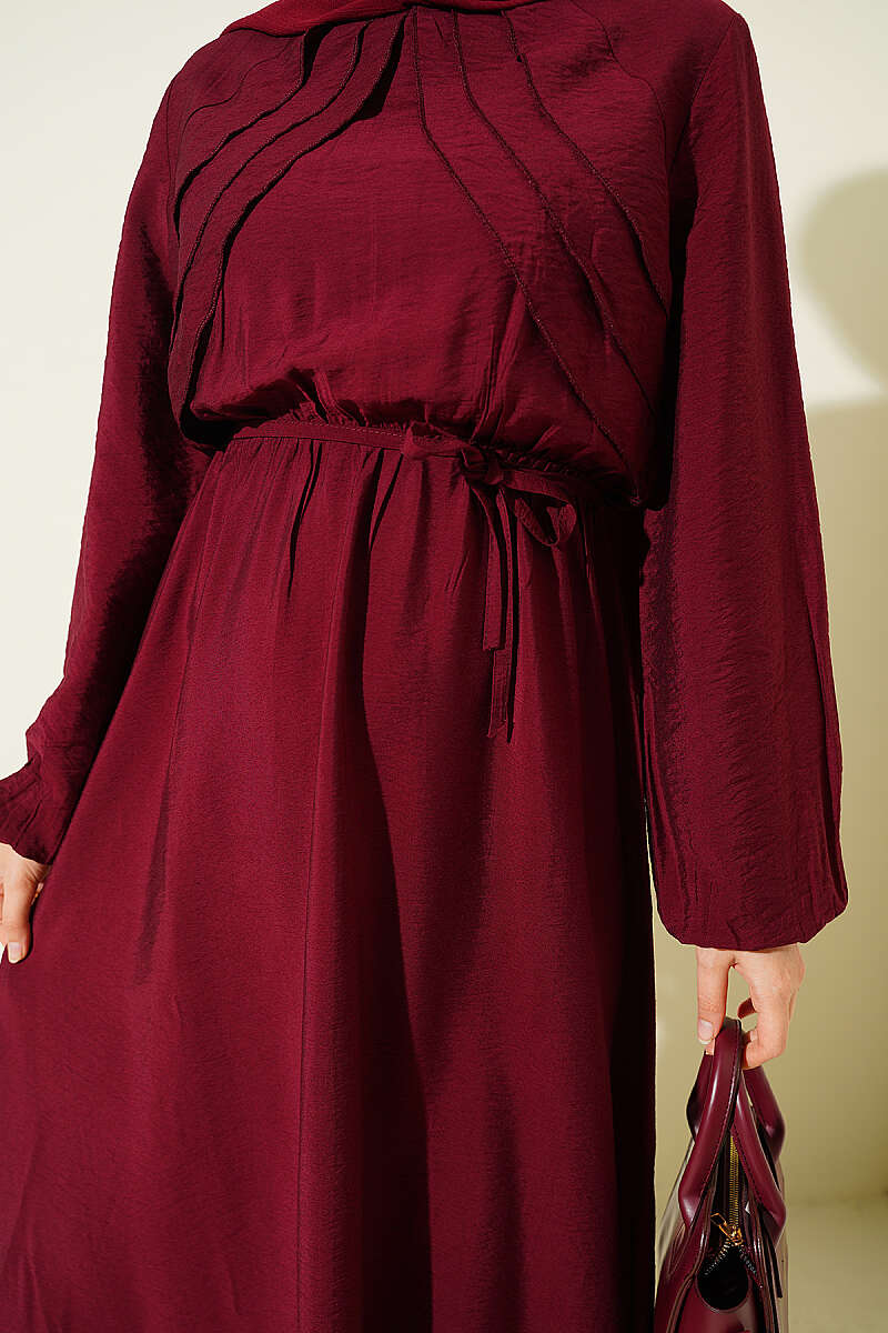 Dress with Vertical Front Ruffle and Elastic Waist - Burgundy