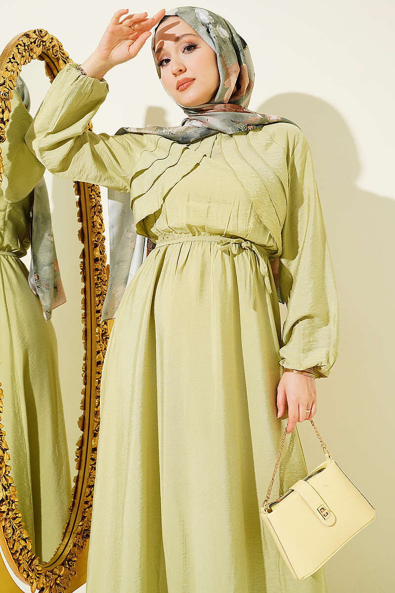 Dress with Vertical Front Ruffle and Elastic Waist - Almond Green