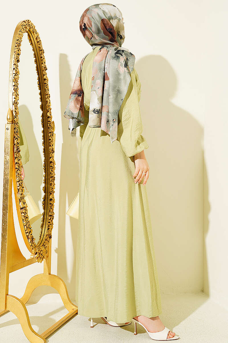 Dress with Vertical Front Ruffle and Elastic Waist - Almond Green