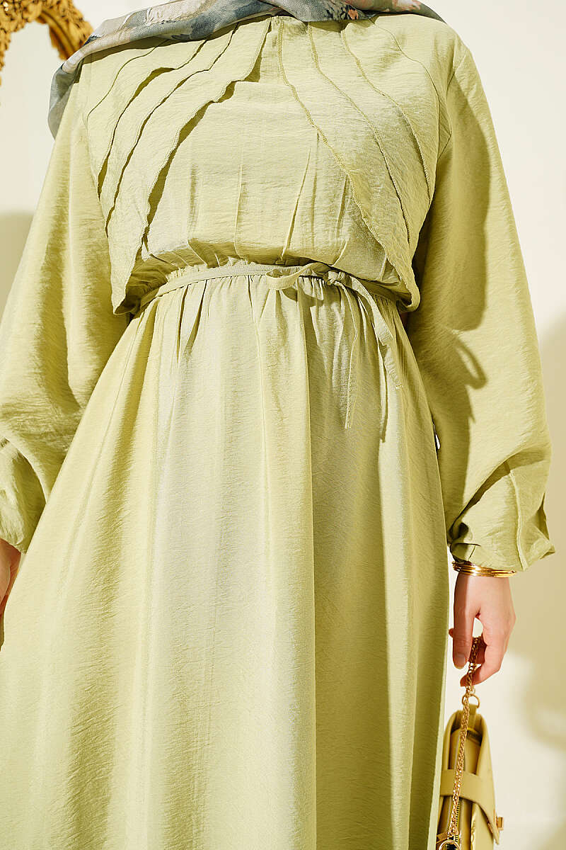 Dress with Vertical Front Ruffle and Elastic Waist - Almond Green